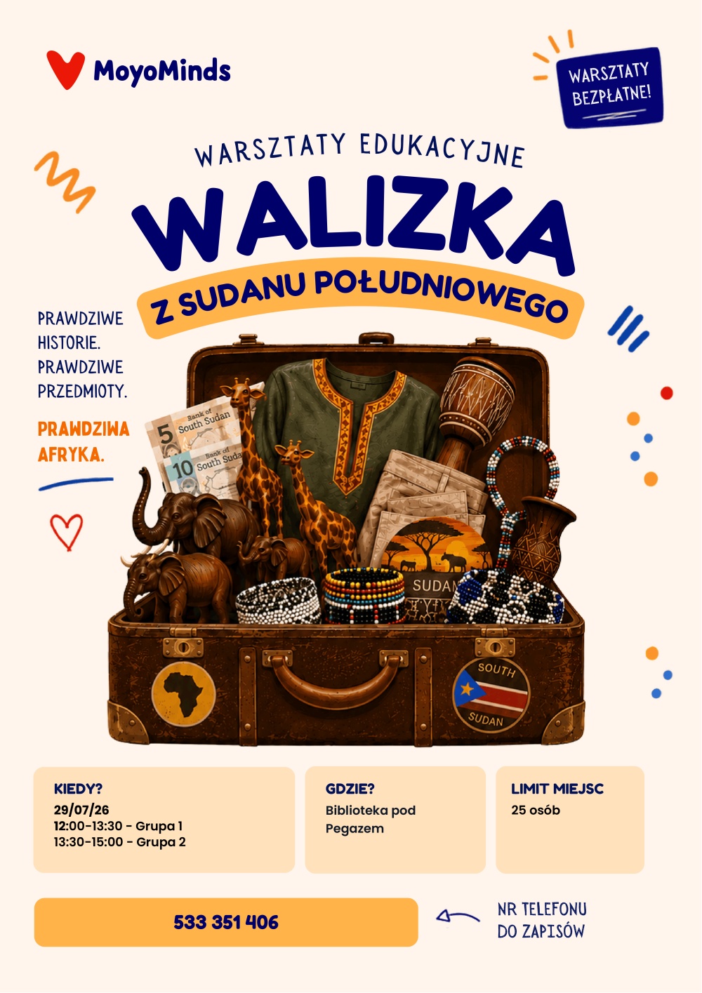 Plakat promujący zajęcia "Walizka z Sudanu" dla dzieci w Bibliotece Pod Pegazem. Informacje z plakatu znajdują się w tekście artykułu.