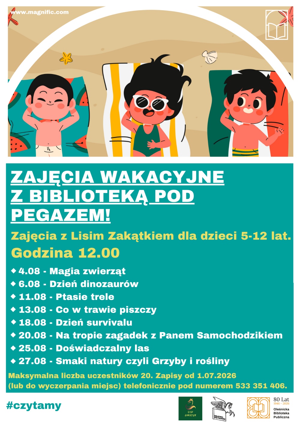 Plakat z harmonogramem zajęć wakacyjnych w Bibliotece Pod Pegazem. Informacje z plakatu znajdują się w tekście artykułu.