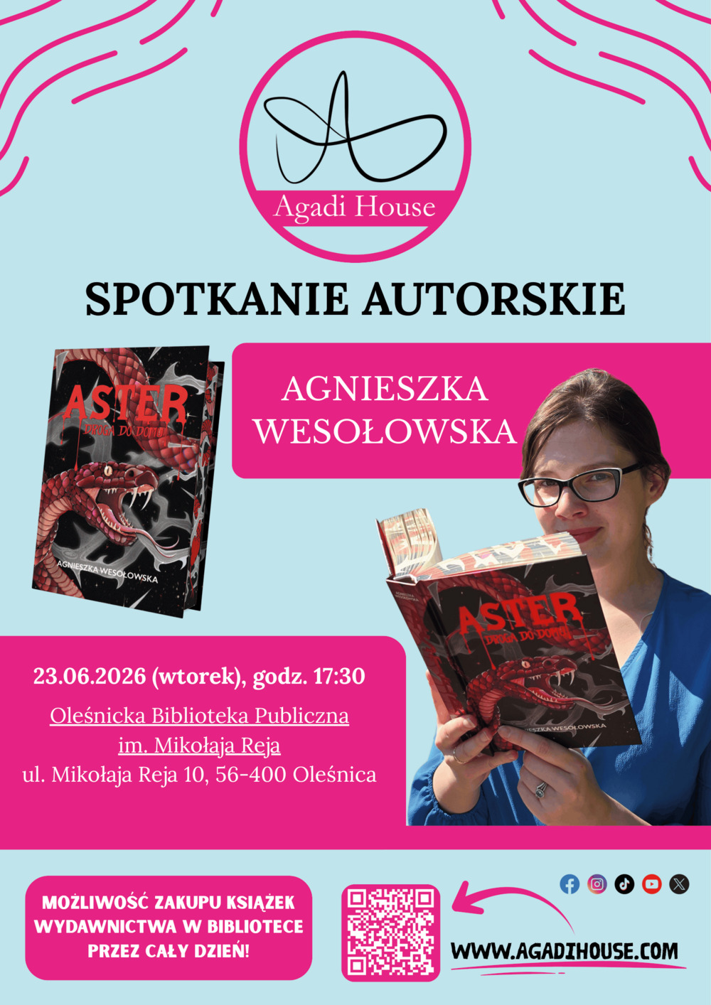 Plakat promujący spotkanie autorskie z Agnieszką Wesołowską. Informacje z plakatu znajdują się w tekście artykułu.