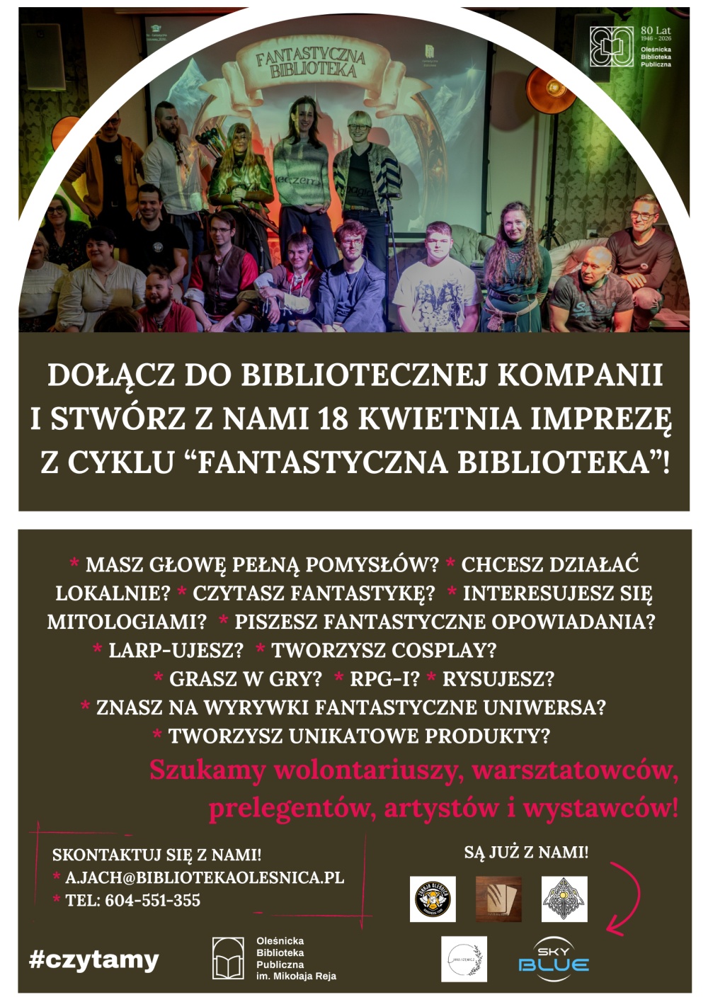 Plakat zachęcający pasjonatów do wstąpienia do Bibliotecznej Kompanii, która wspólnie organizuje Wieczory Fantastyki