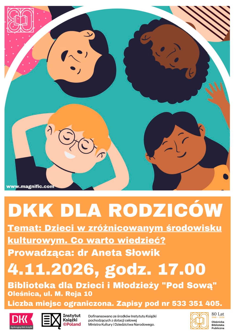 Plakat promujący spotkanie Dyskusyjnego Klubu Książki dla Rodziców. Informacje z plakatu znajdują się w tekście artykułu. Plakat promujący spotkanie Dyskusyjnego Klubu Książki dla Rodziców. Informacje z plakatu znajdują się w tekście artykułu.