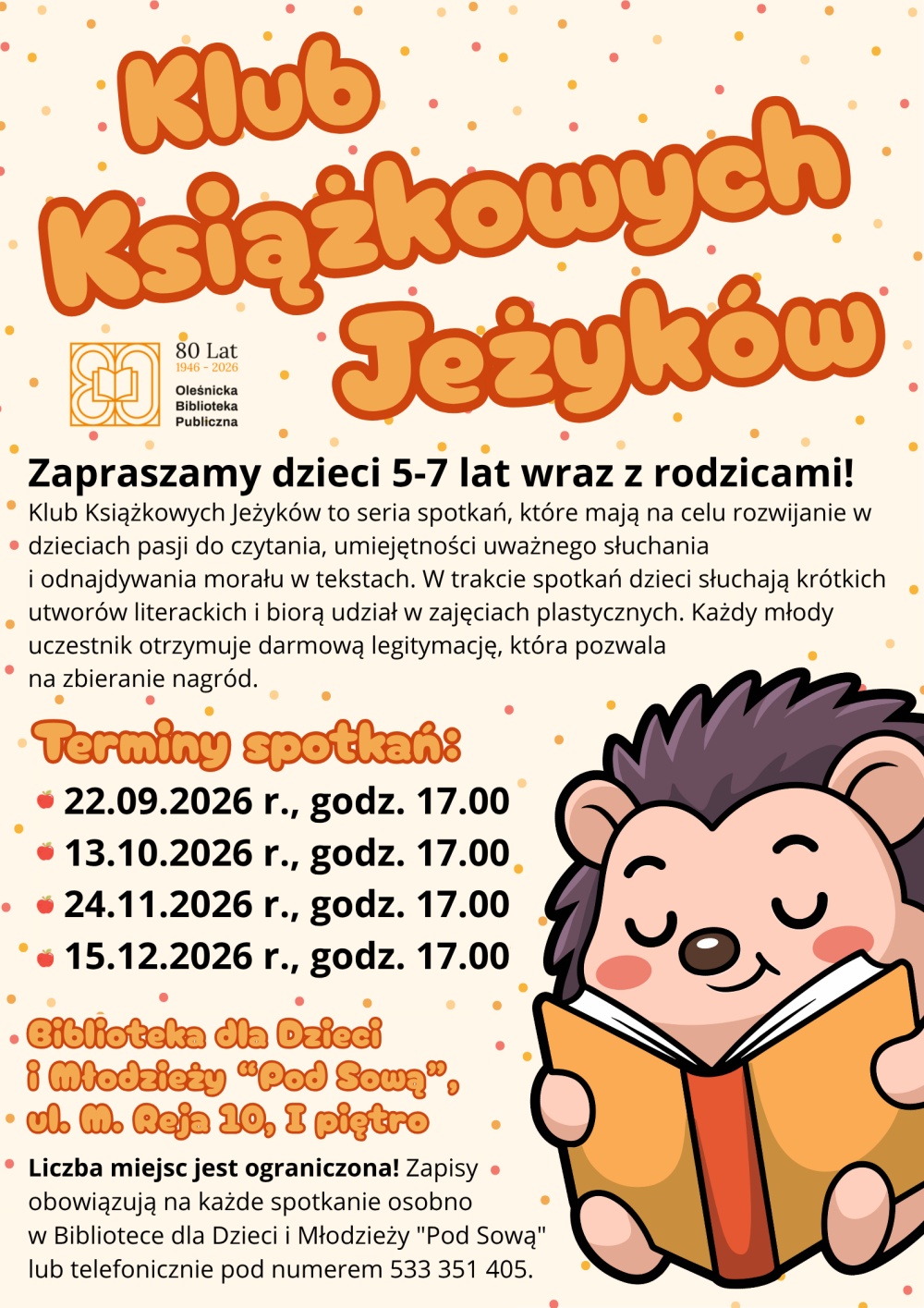 Plakat promujący spotkania Klubu Książkowych Jeżyków z harmonogramem. Informacje z plakatu znajdują się w tekście artykułu.