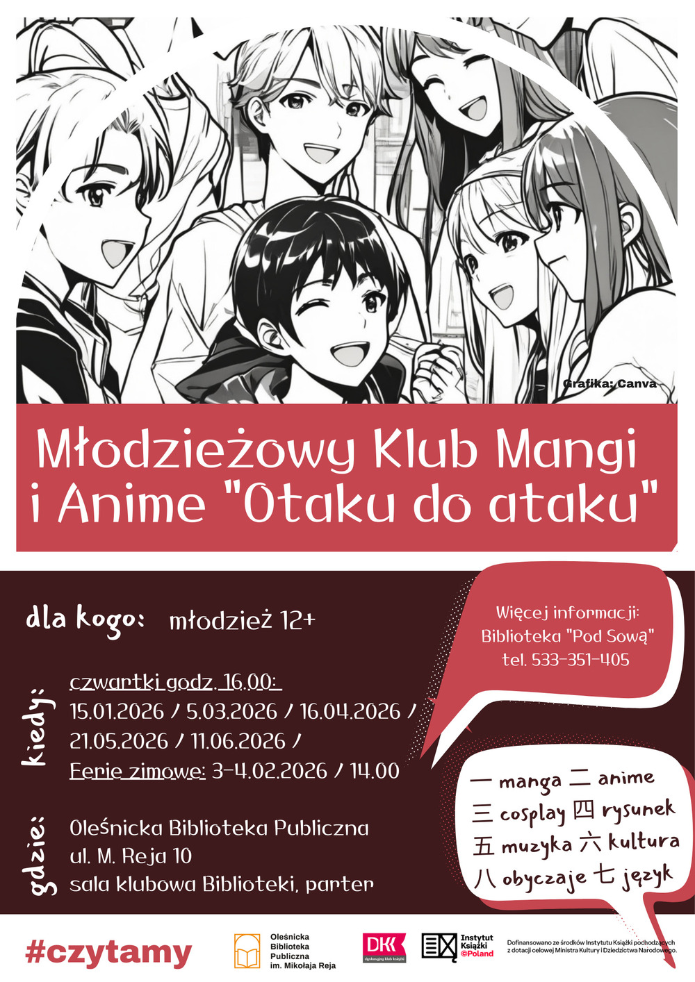 Plakat promujący spotkania Klubu Mangi i Anime