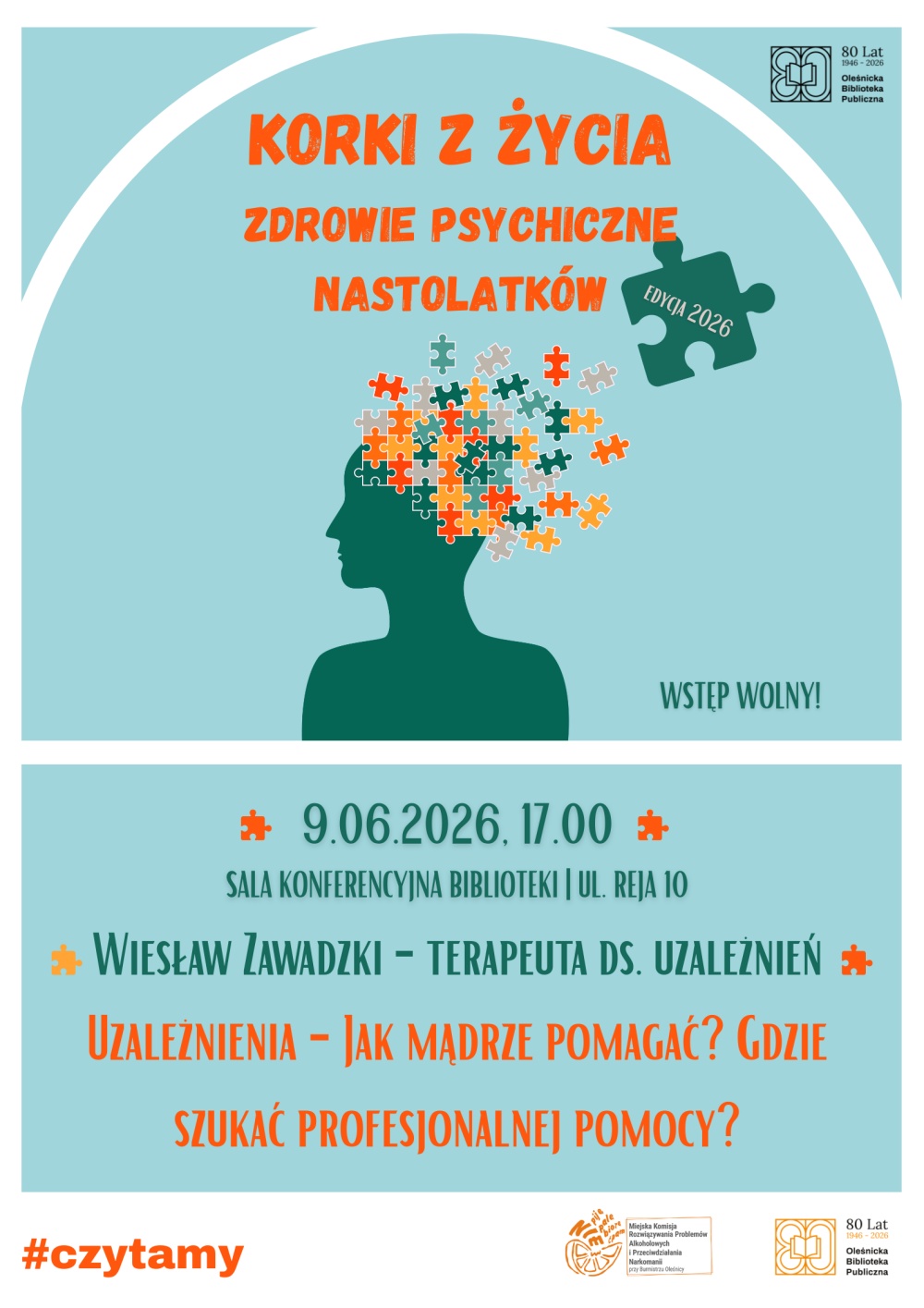 Plakat promujący wykład w ramach "Kork&oacute;w z życia" o terapii uzależnień. Informacje z plakatu znajdują się w tekście artykułu.