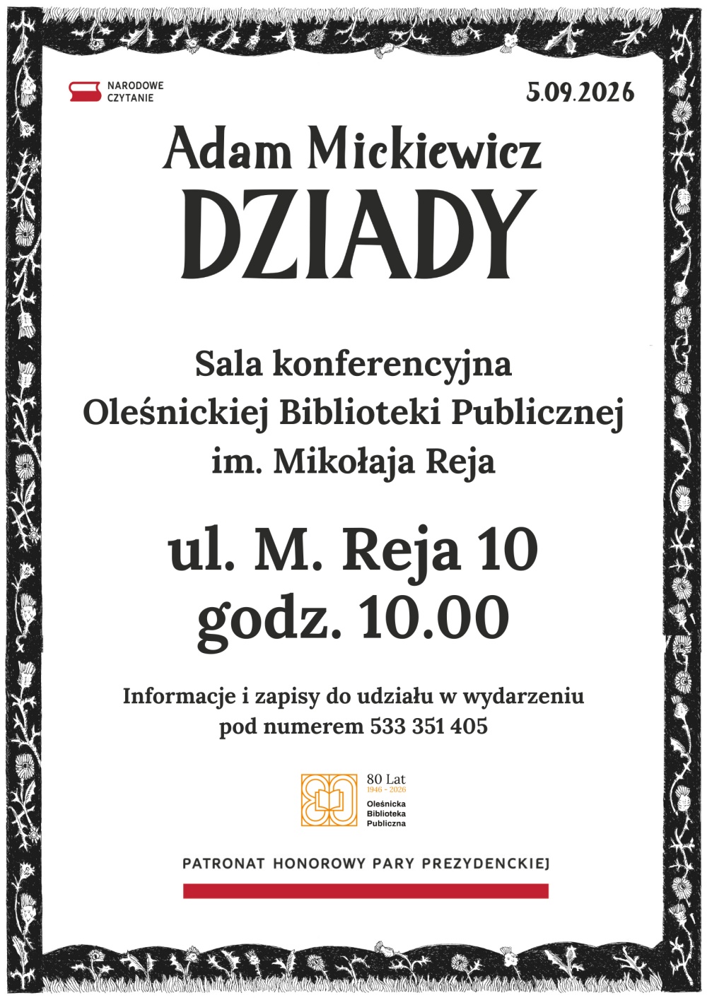 Plakat promujący Narodowe Czytanie 2026 w oleśnickiej bibliotece. Informacje z plakatu znajdują się w tekście artykułu.