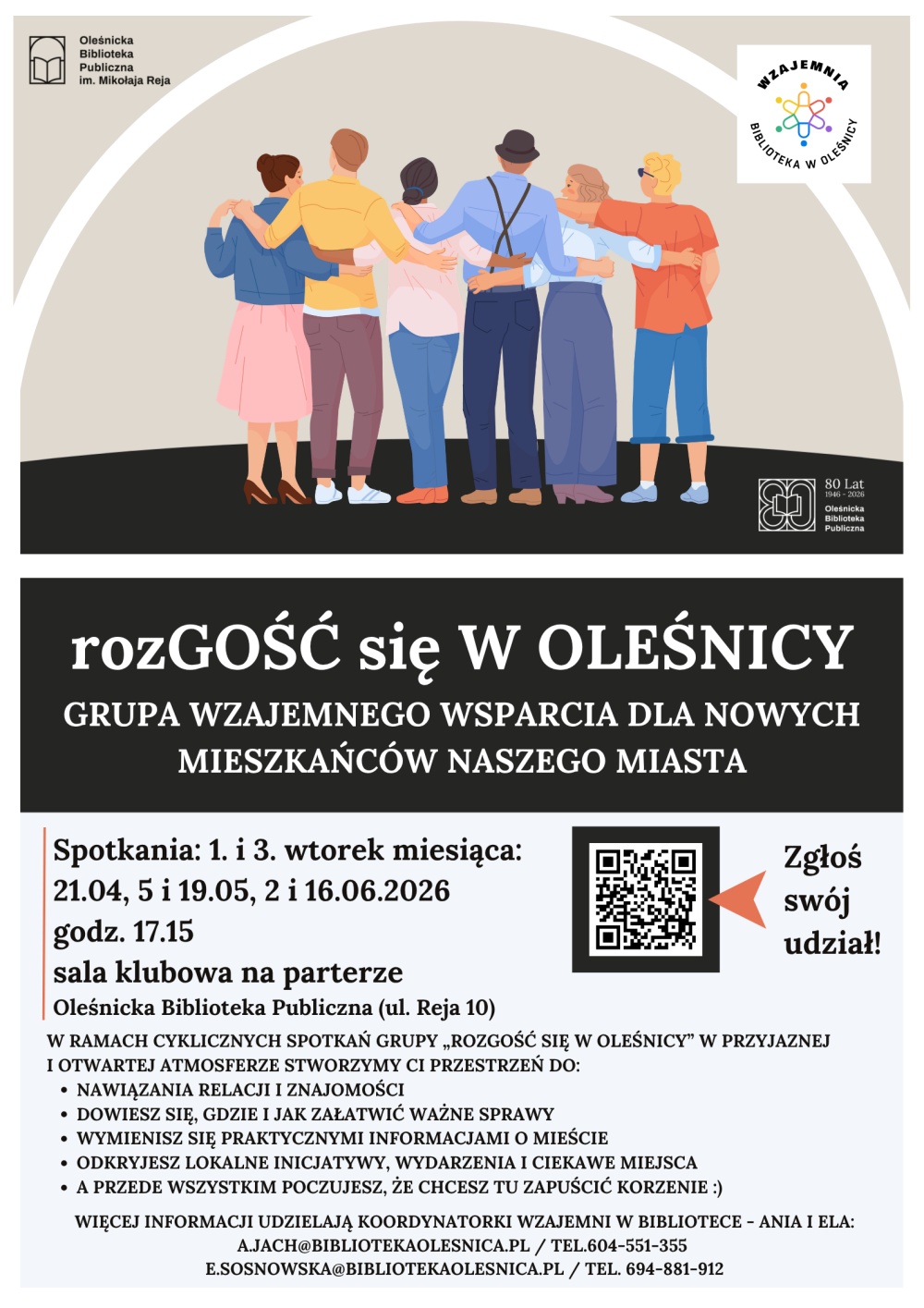 Plakat z terminami spotkań grupy "rozGOŚĆ SIĘ W OLEŚNICY" na kwiecień, maj i czerwiec 2026