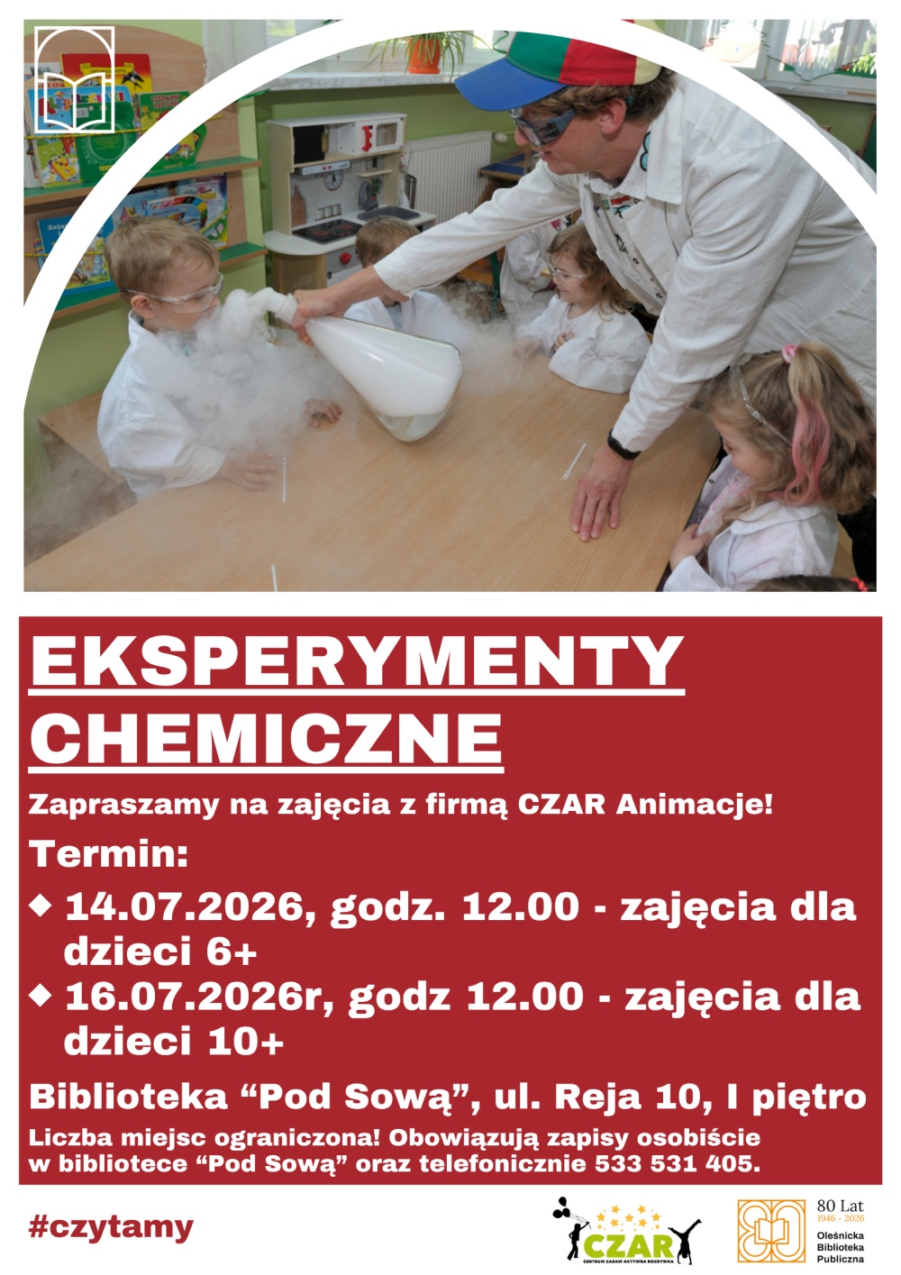Plakat promujący zajęcia z eksperymentami chemicznymi dla dzieci. Informacje z plakatu znajdują się w tekście artykułu.