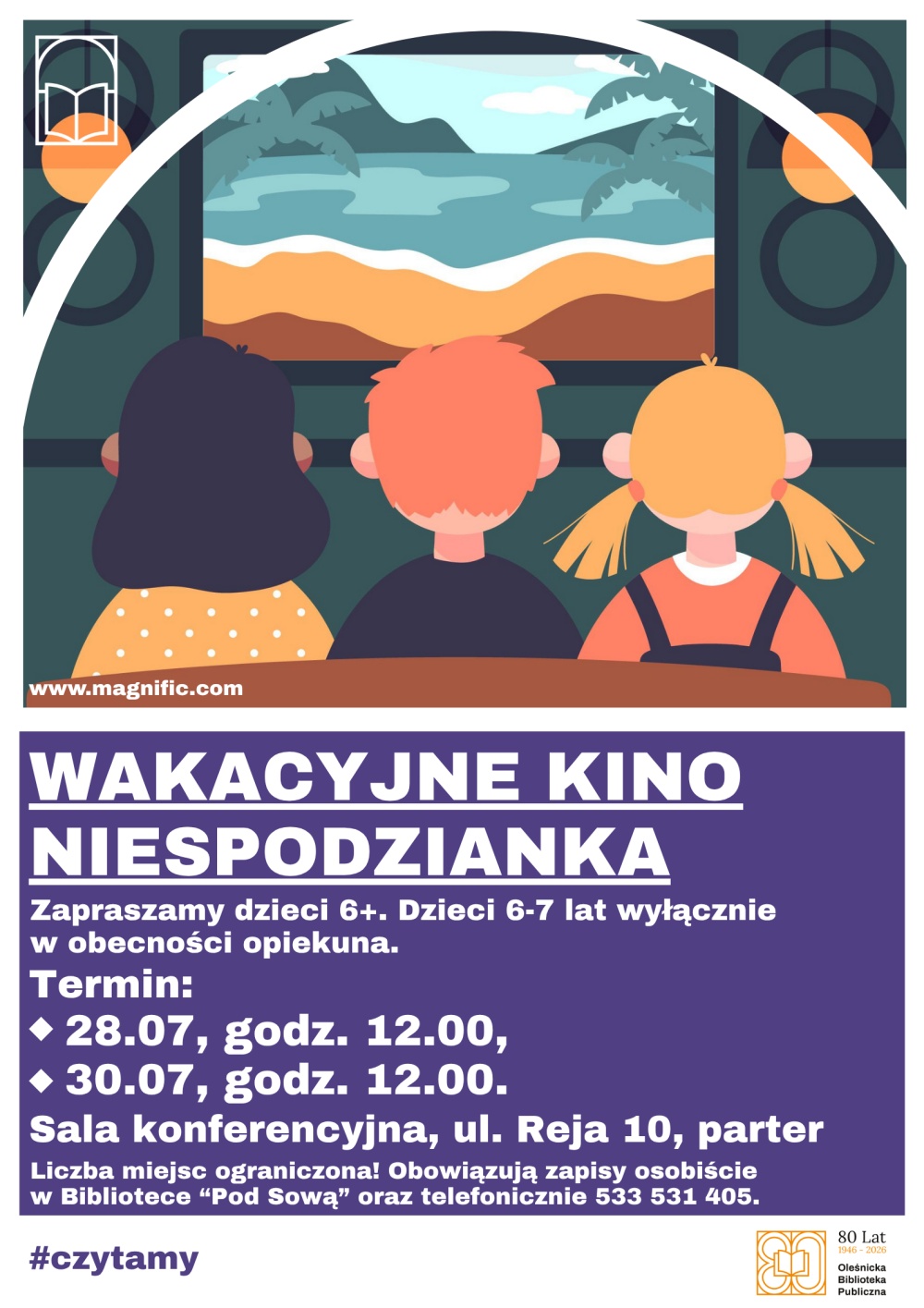 Plakat promujący Wakacyjne Kino Niespodziankę. Informacje z plakatu znajdują się w tekście artykułu.