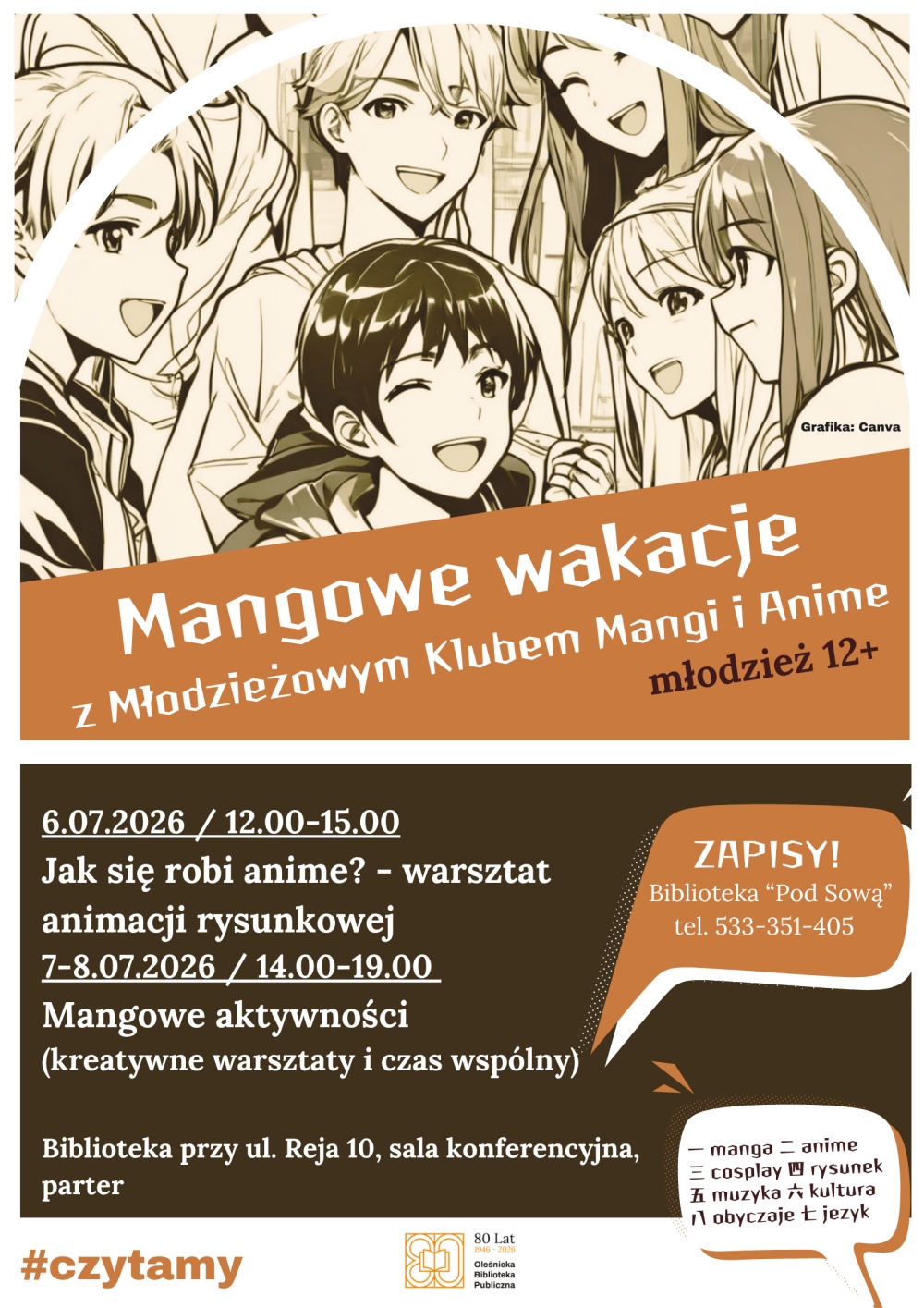 Plakat promujący mangowe zajęcia wakacyjne dla młodzieży. Informacje z plakatu znajdują się w tekście artykułu.