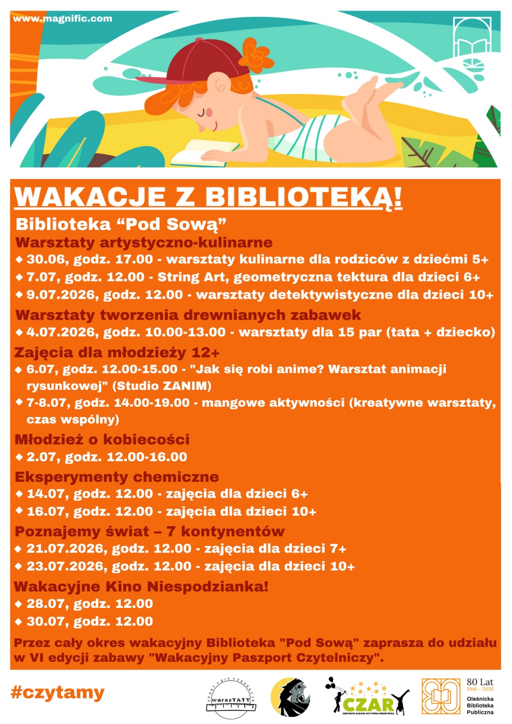 Plakat z harmonogramem zajęć wakacyjnych w Bibliotece "Pod Sową". Informacje z plakatu znajdują się w tekście artykułu.