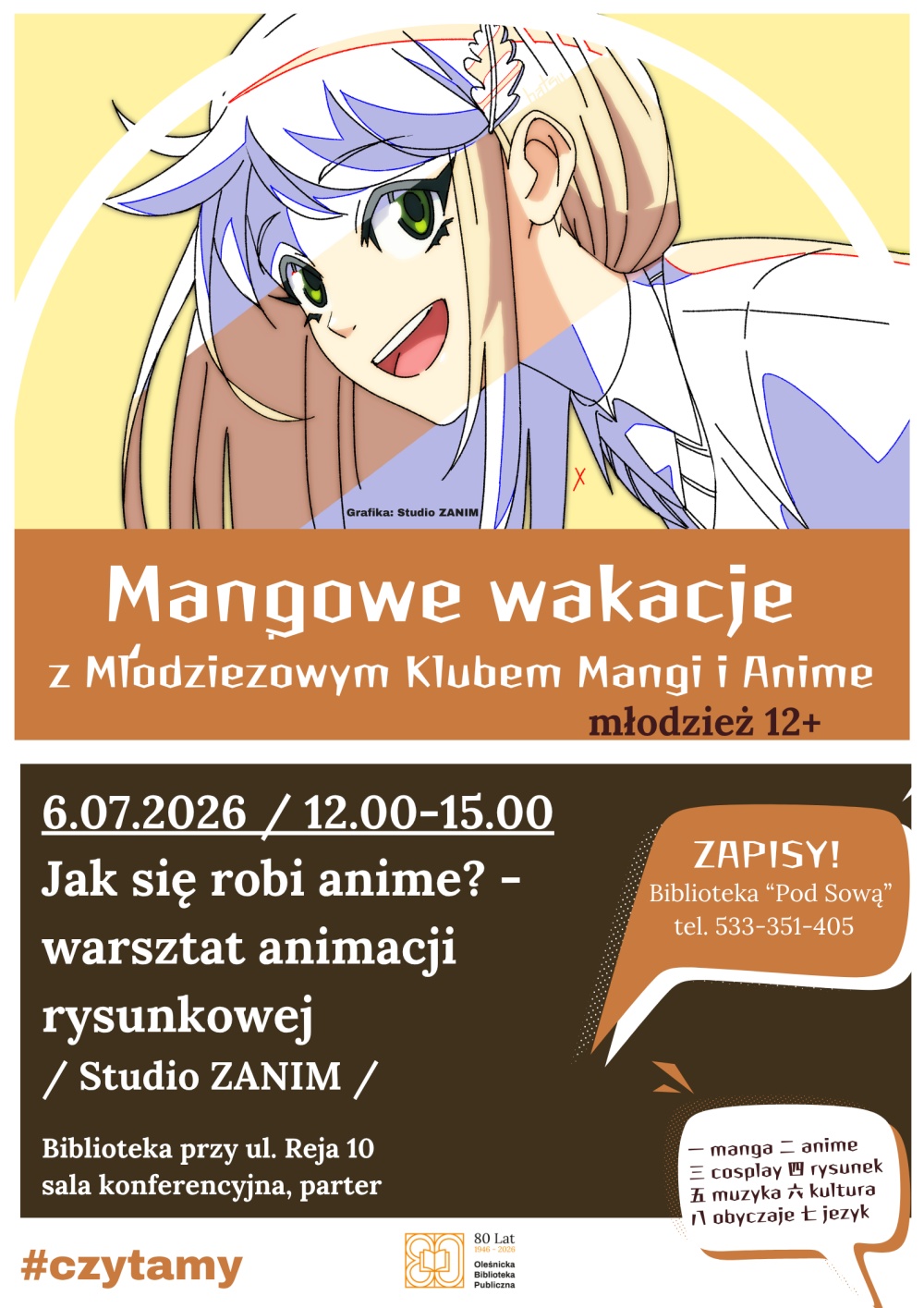 Plakat informujący o warsztatach animacji rysunkowej. Informacje z plakatu znajdują się w tekście artykułu.