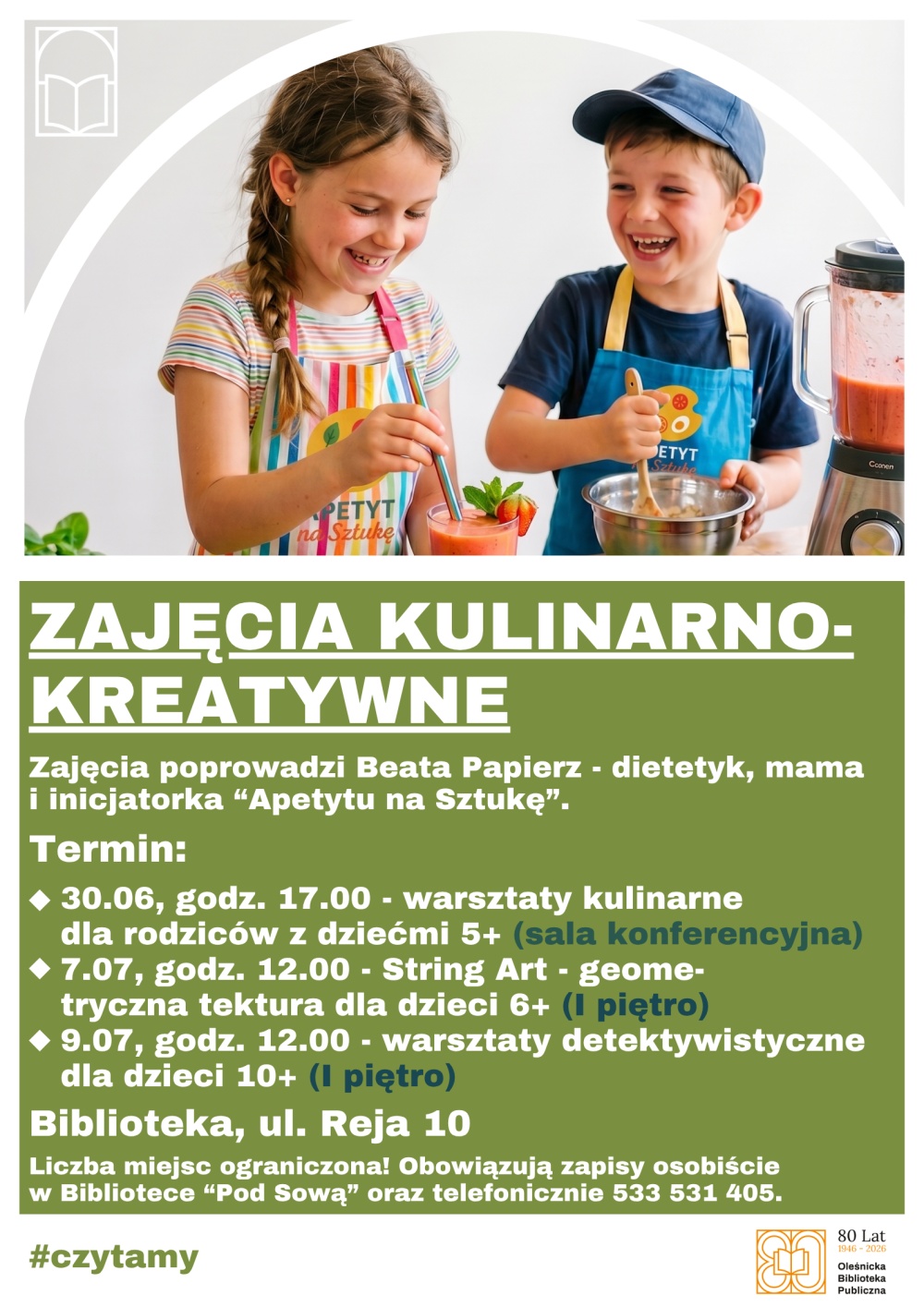 Plakat promujący warsztaty kulinarno-artystyczne dla dzieci. Informacje z plakatu znajdują się w tekście artykułu.