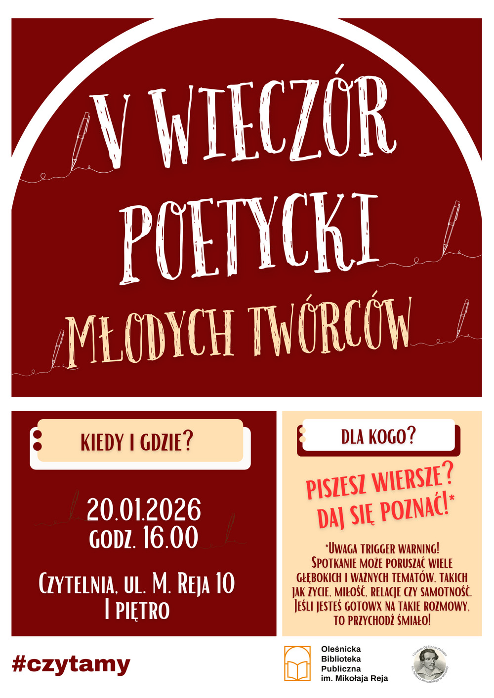 Plakat informujący o Piątym Wieczorze Poetyckim Młodych Twórców. Informacje z plakatu znajdują się w tekście artykułu.