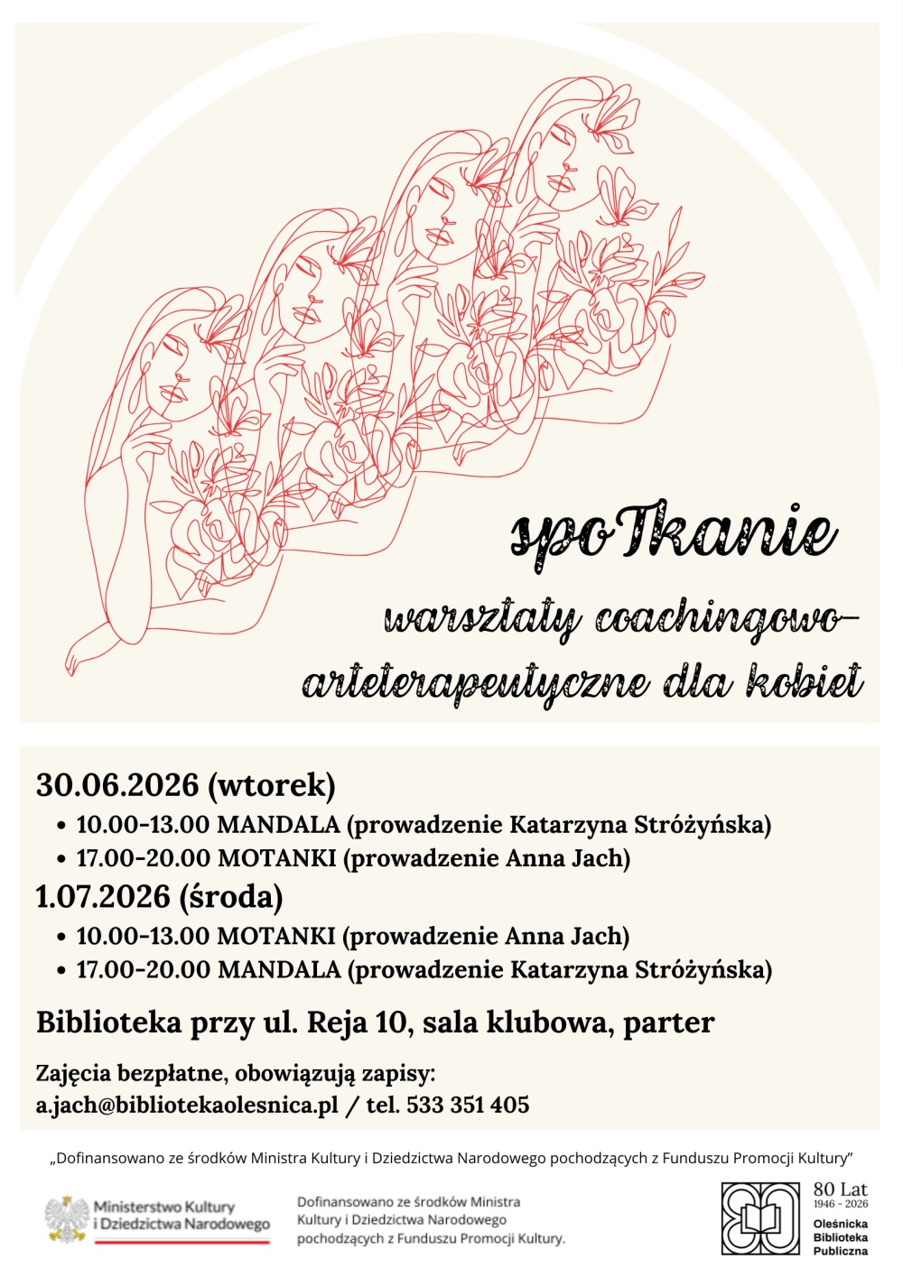 Plakat promujący zajęcia coachingowo-arteterapeutyczne dla kobiet. Informacje z plakatu znajdują się w tekście artykułu.
