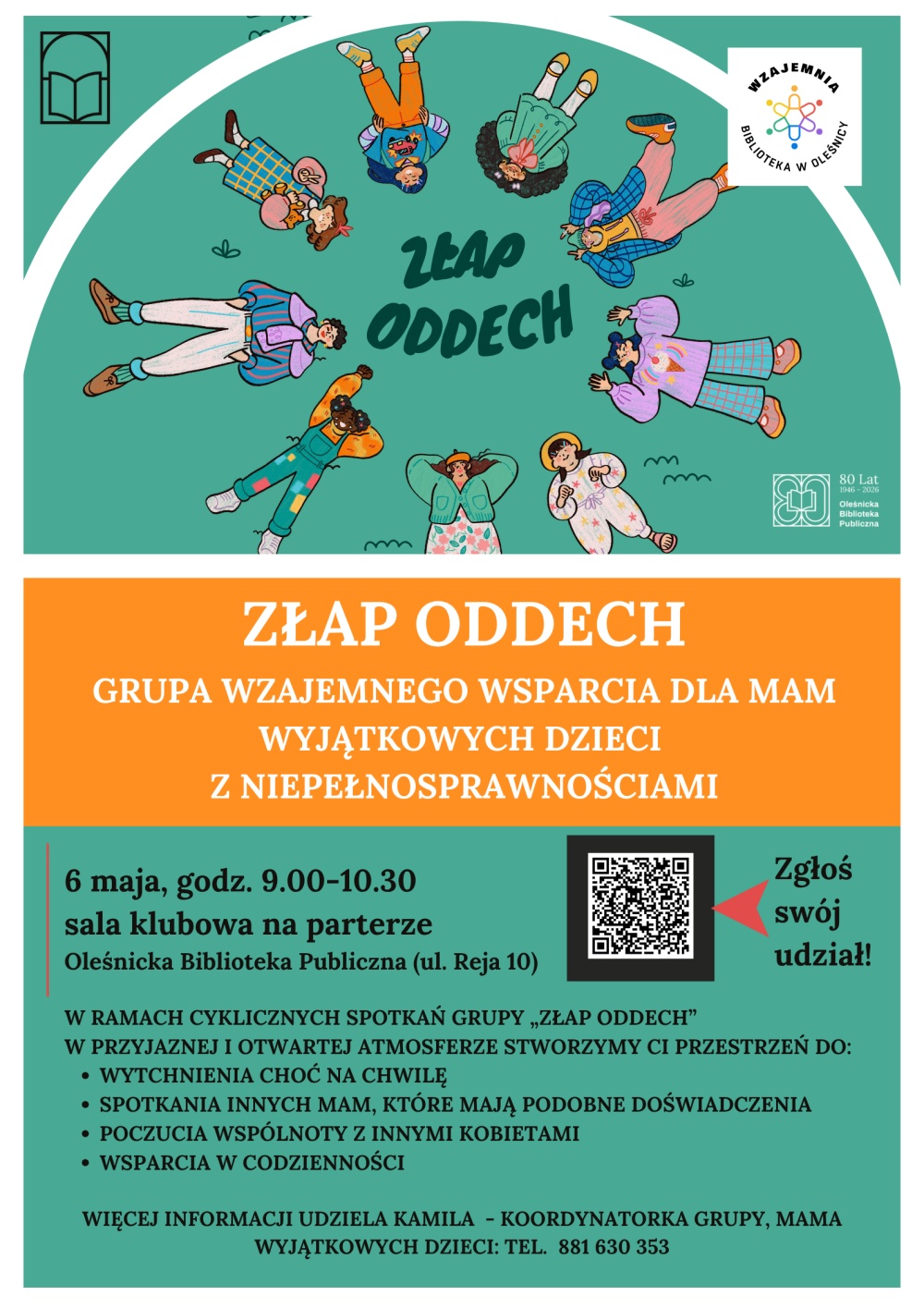 Plakat promujący spotkanie grupy "Złap oddech" dla mam dzieci z niepełnosprawnościami