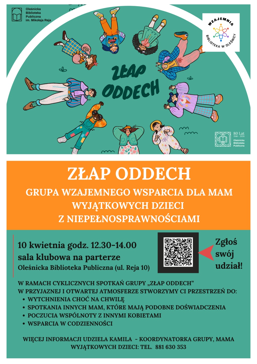 Plakat promujący pierwsze spotkanie w ramach "Wzajemni" dla mam dzieci z niepełnosprawnościami