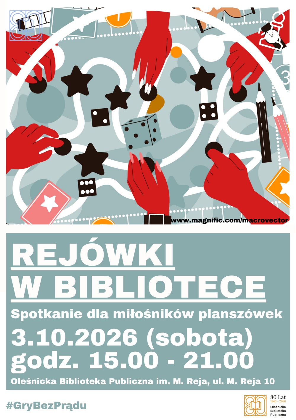 Plakat promujący spotkanie Rejówek w bibliotece. Informacje z plakatu znajdują się w tekście artykułu.