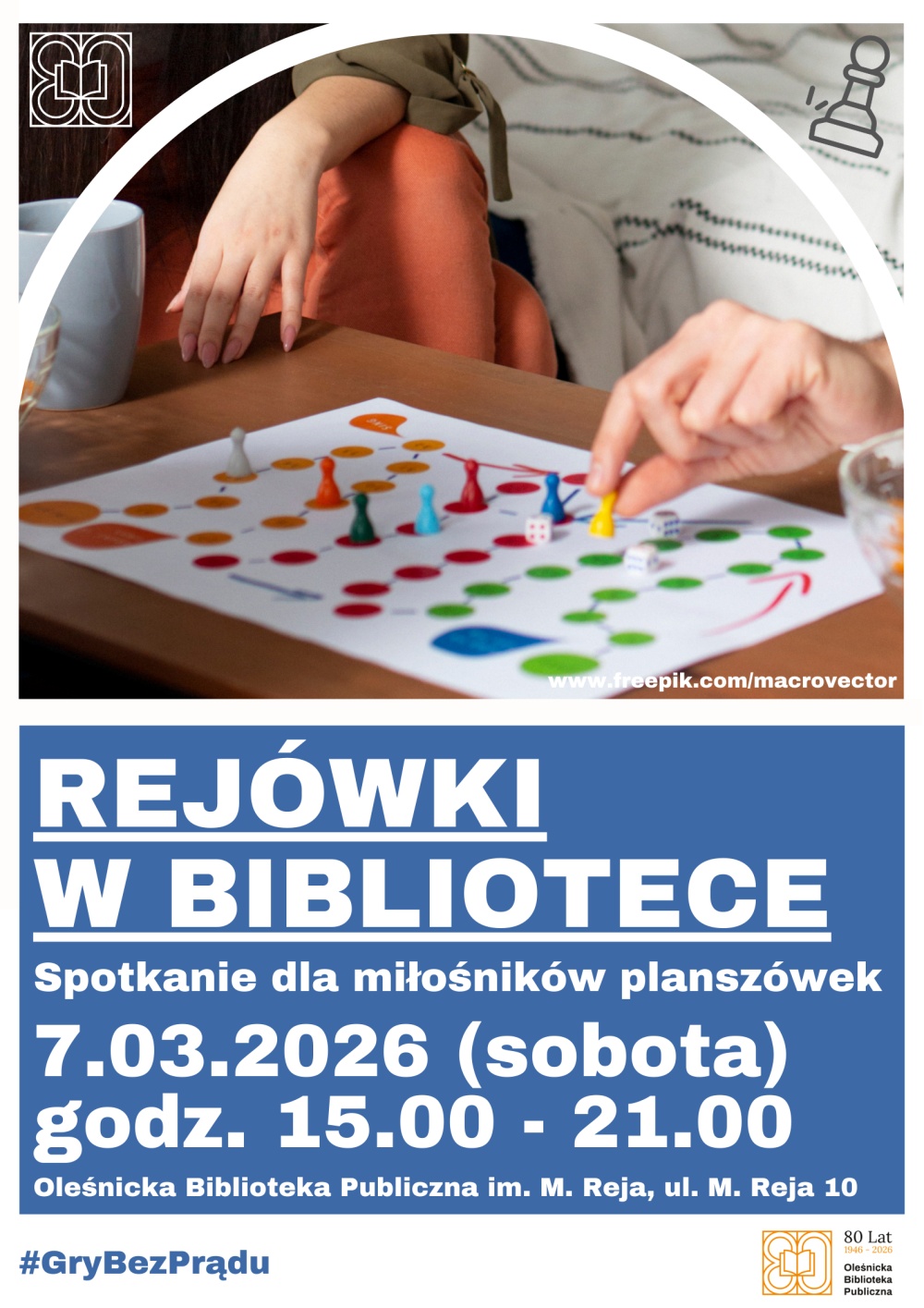 Plakat promujący spotkanie dla miłośników gier planszowych 7 marca 2026 w godzinach od 15.00 do 21.00