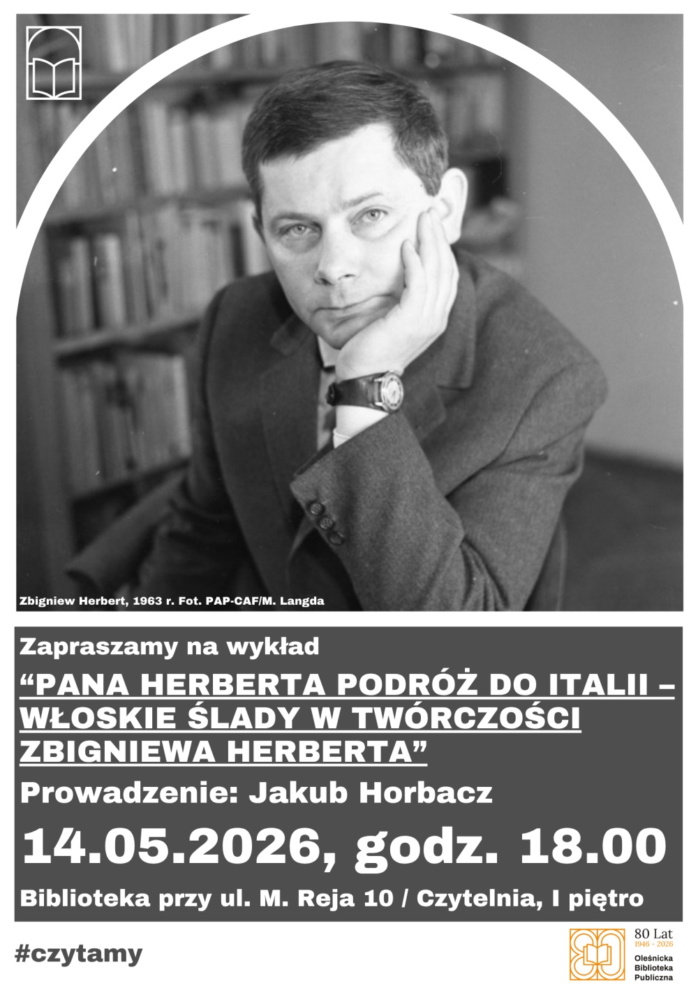 Plakat promujący wykład o Zbigniewie Herbercie i jego twórczości