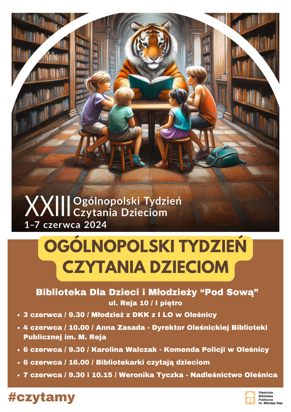 plakat promujący tydzień czytania dzieciom - sowa