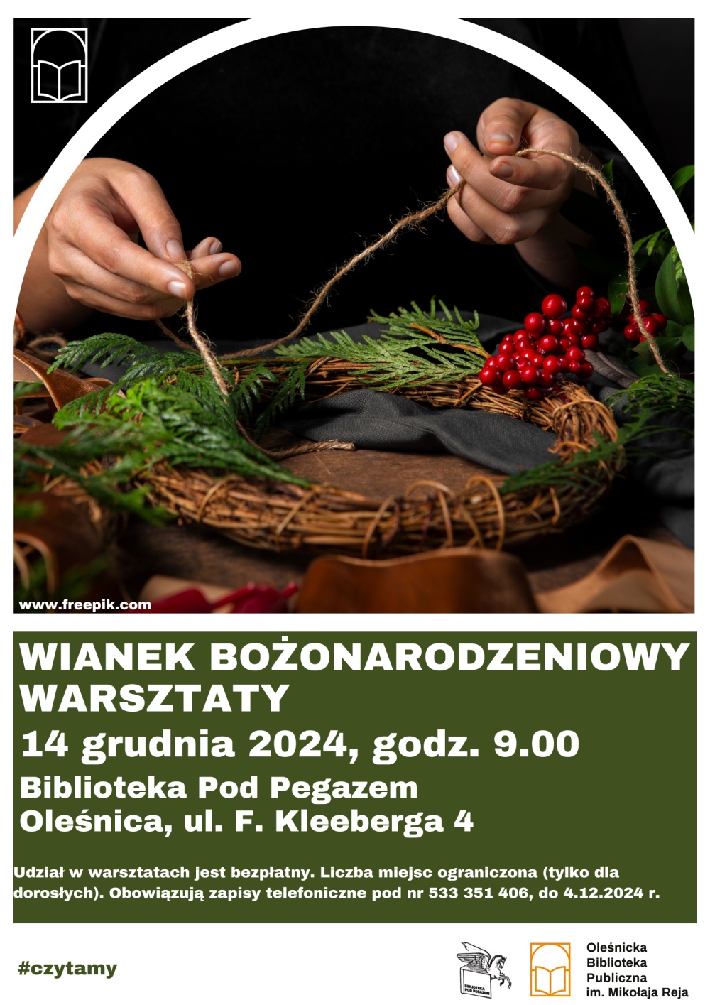 Plakat informujący o warsztatach w Bibliotece 
