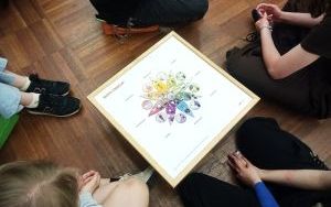 Pięć osób siedzi na ziemi w kółko, widać tylko nogi. Po środku leży kolorowa grafika w ramce