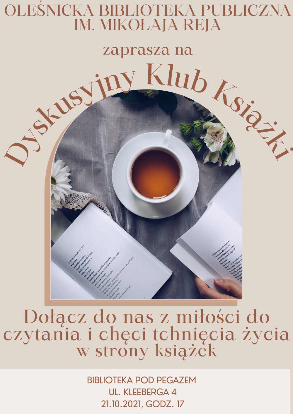 Grafika promująca spotkania Dyskusyjengo Klubu Książki