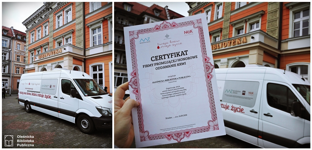 Zdjęcie certyfikatu jaki otrzymała Biblioteka w ramach wspierania akcji poboru krwi