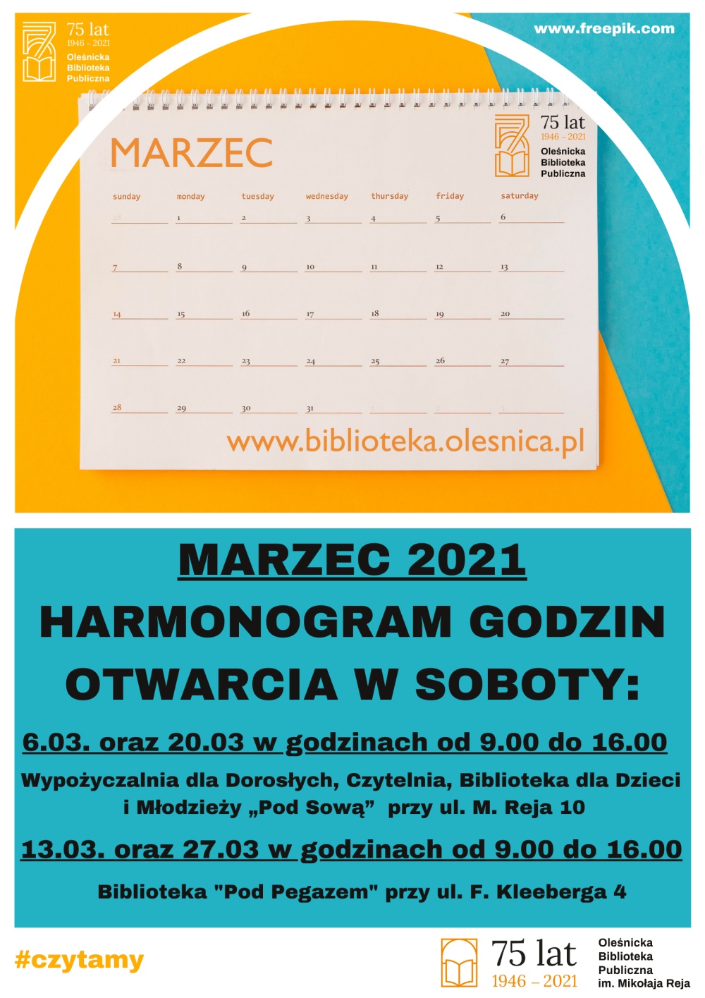 Harmonogram pracy Biblioteki w soboty w marcu 2021