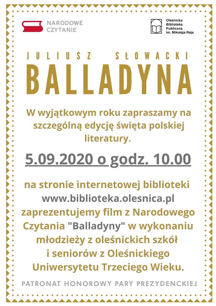 Plakat promujący akcję NARODOWE CZYTANIE 2020