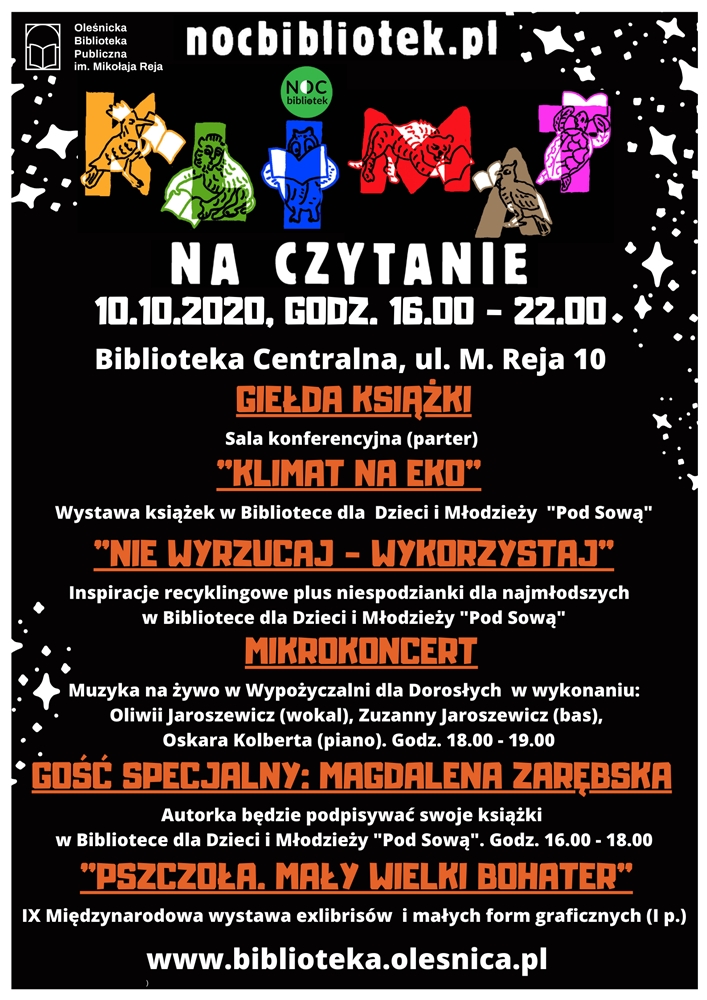 Plakat z programem oleśnickiej NOCY BIBLIOTEK