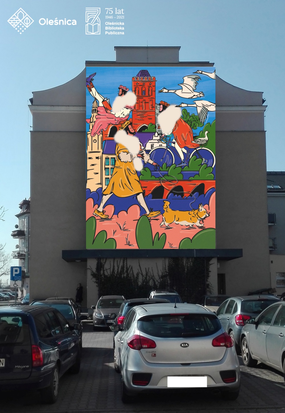 Wizualizacja muralu na elewacji biblioteki w Oleśnicy