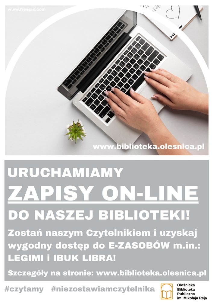 Grafika promująca zapisy on-line do Biblioteki