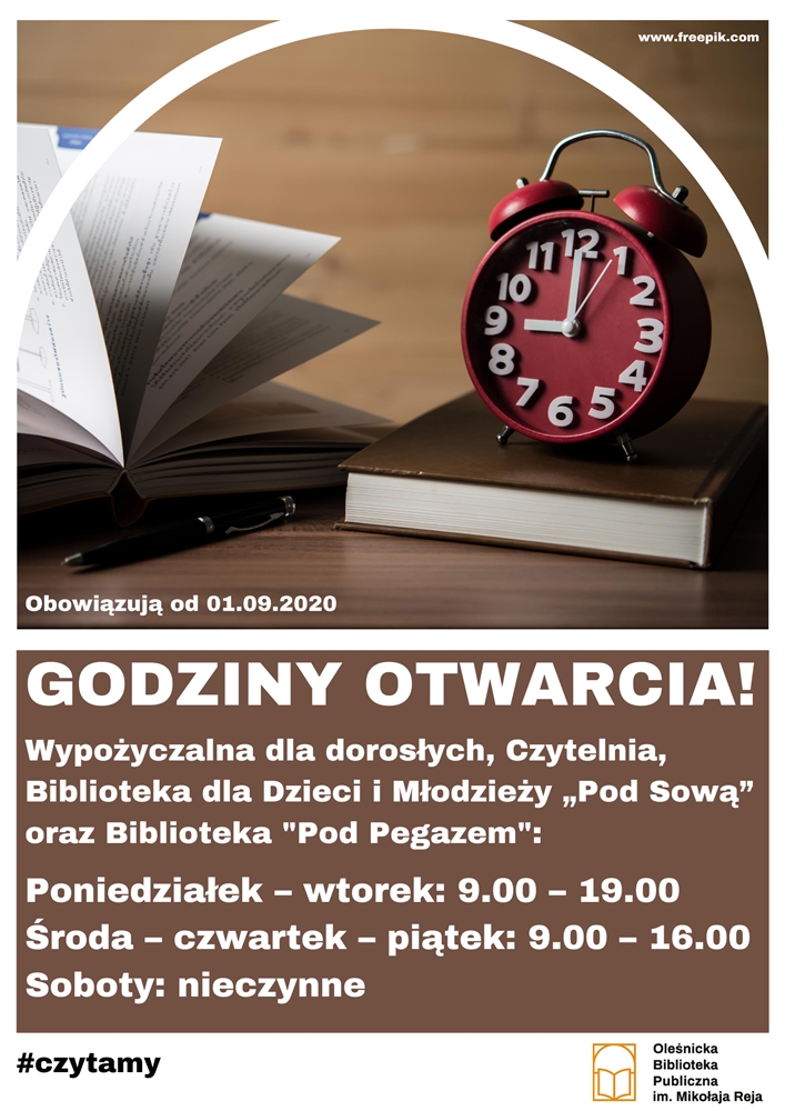 Plakat informujący o godzinach otwarcia Biblioteki od 01.09.2020