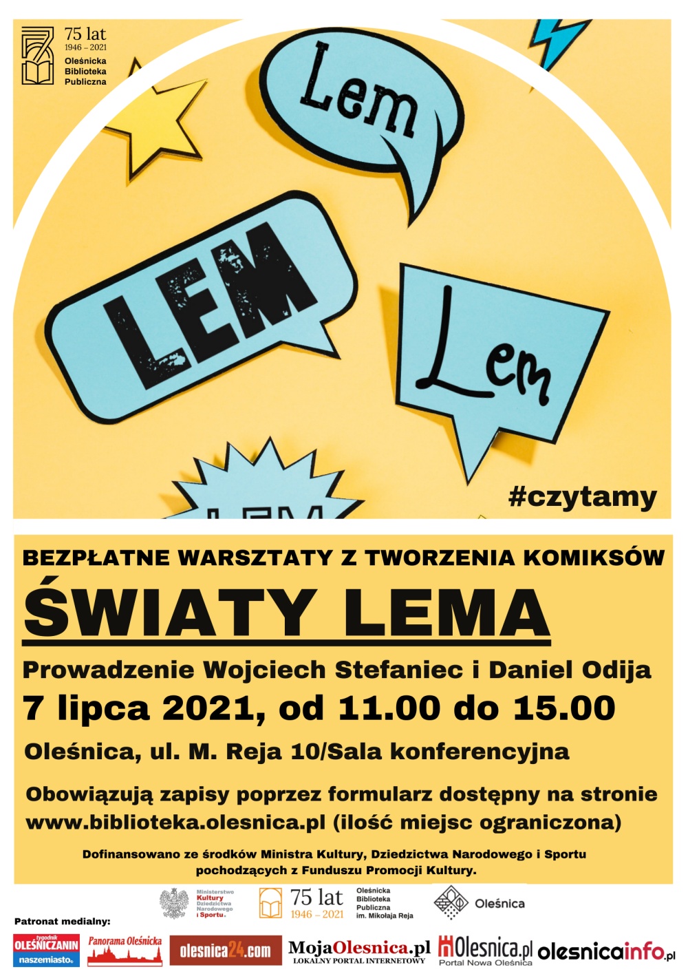 Plakat promujący bezpłatne warsztaty tworzenia komiksów