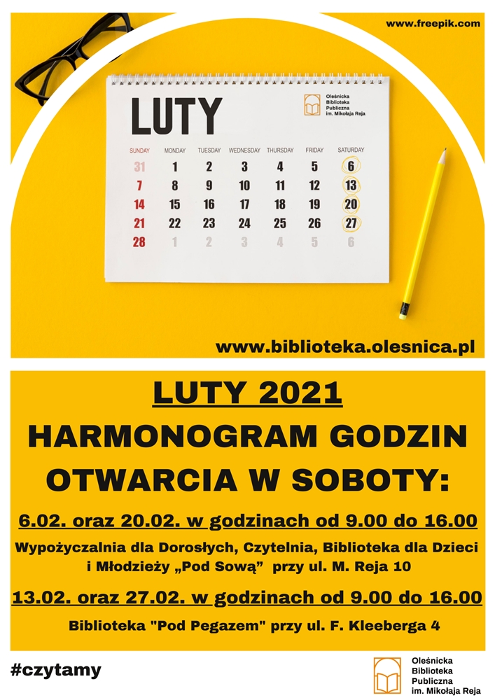 Plakat informujący o hramonogramie pracy Bibliotek w soboty w lutym 2021