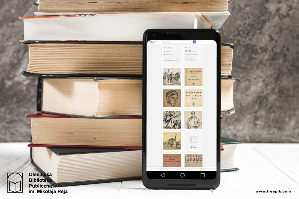 Telefon oparty o książki. Na wyświetlaczu strona główna POLONY