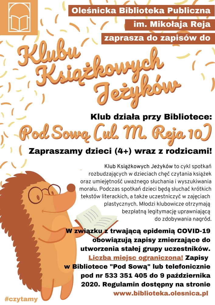 Plakat promujący zapisy do Klubu Książkowych Jeżyków
