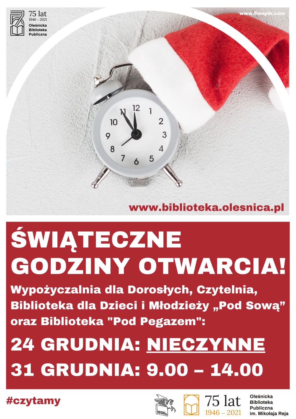 Plakat informujący o świątecznych godzinach pracy biblioteki w Oleśnicy