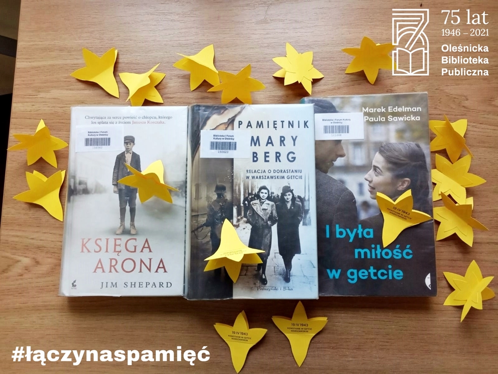 Okładki książek dostępnych w Wypożyczalni dla Dorosłych na temat powstania w getcie warszawskim 