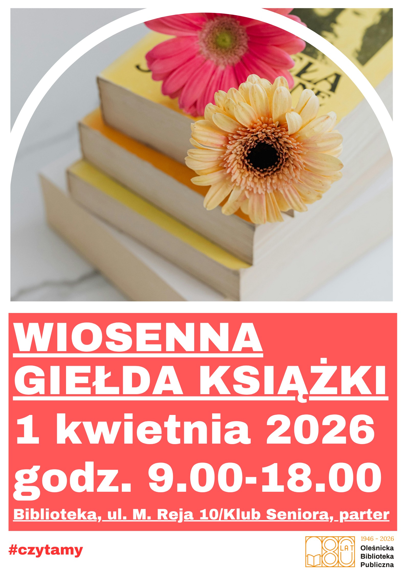 Plakat promujący giełdę książki na rynku oleśnickim